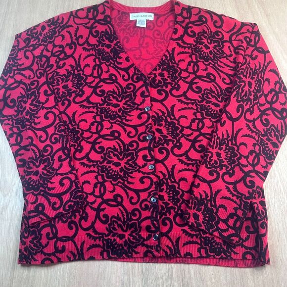 Sag Harbor Red Black Floral Knit Cardigan Sweater Button Front Womens L - Picture 1 of 4